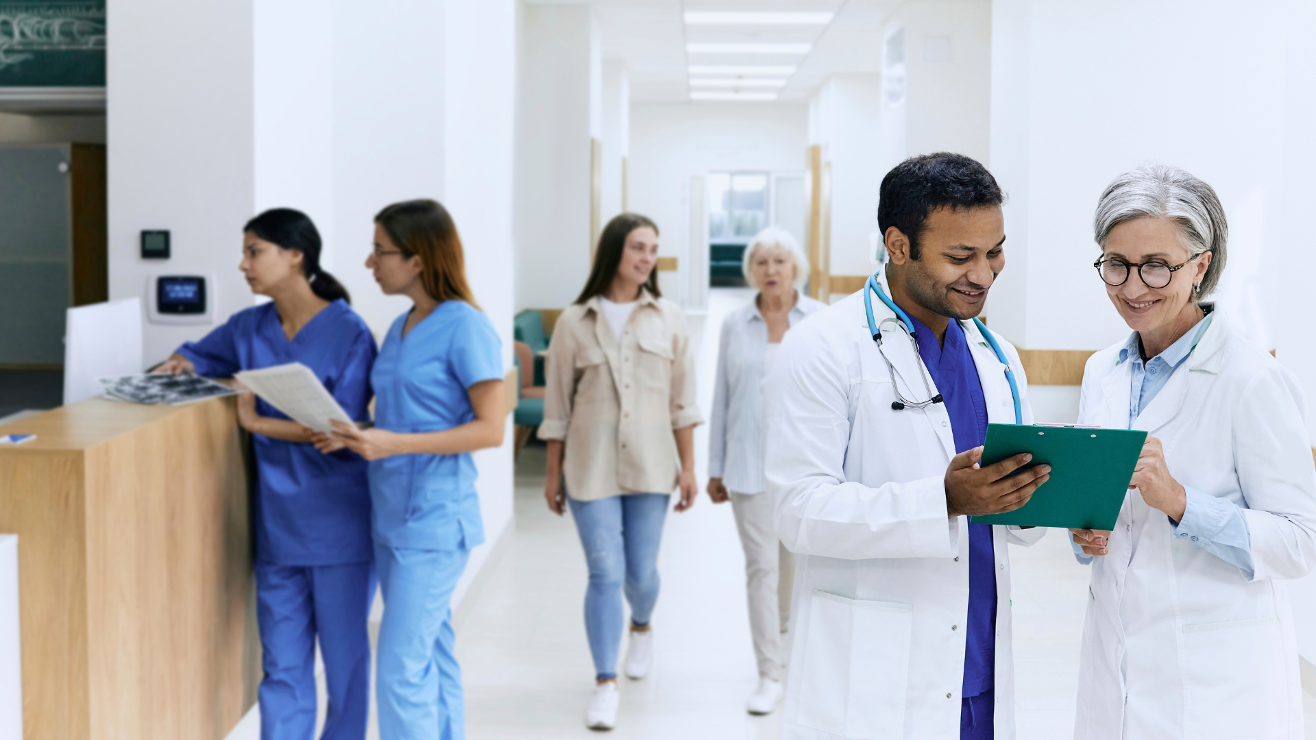 Image of a medical center with doctors and patients